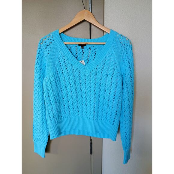 Talbots Open Stitch V-Neck Pullover 100% cotton deep sea blue coastal Mermaid - Picture 2 of 15